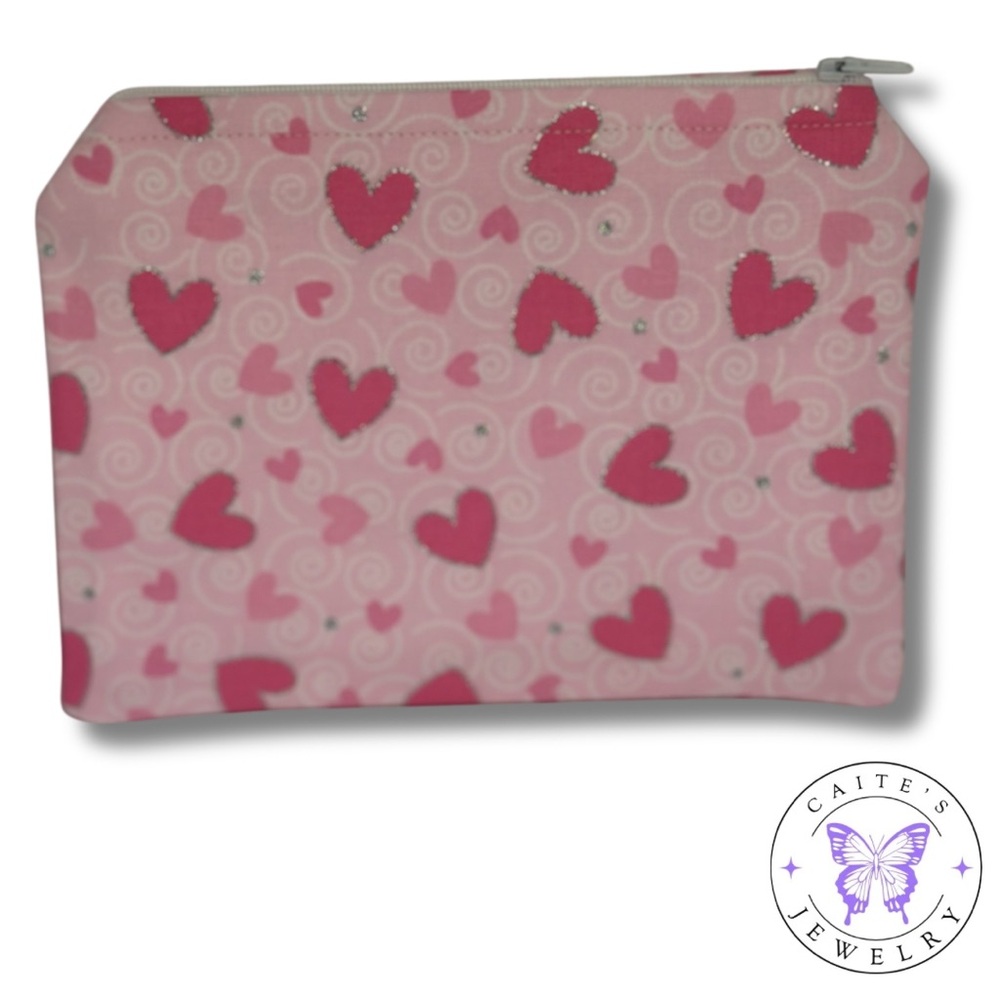 Handmade Zipper Pouch with a Hearts and Swirls Fabric